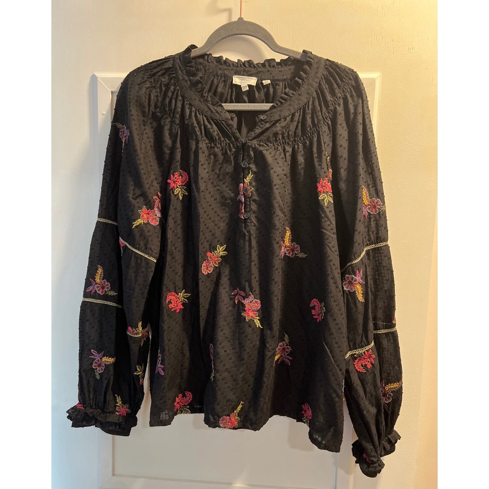 FatFace Womens Black Floral Embroidered Dobby Cotton Blouse Ruffle Neck Top 14